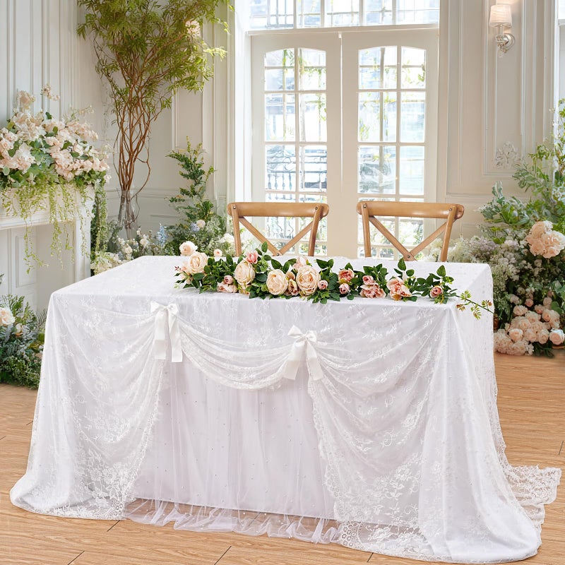 B.Cool B-COOL 10 Pieces Lace White Table Cloth 60x120 Inch Vintage Wedding Floral Tablecloth for Rectangle Tables Sweetheart Lace Fabric Rustic Wedding Ceremony Decor - Image 2